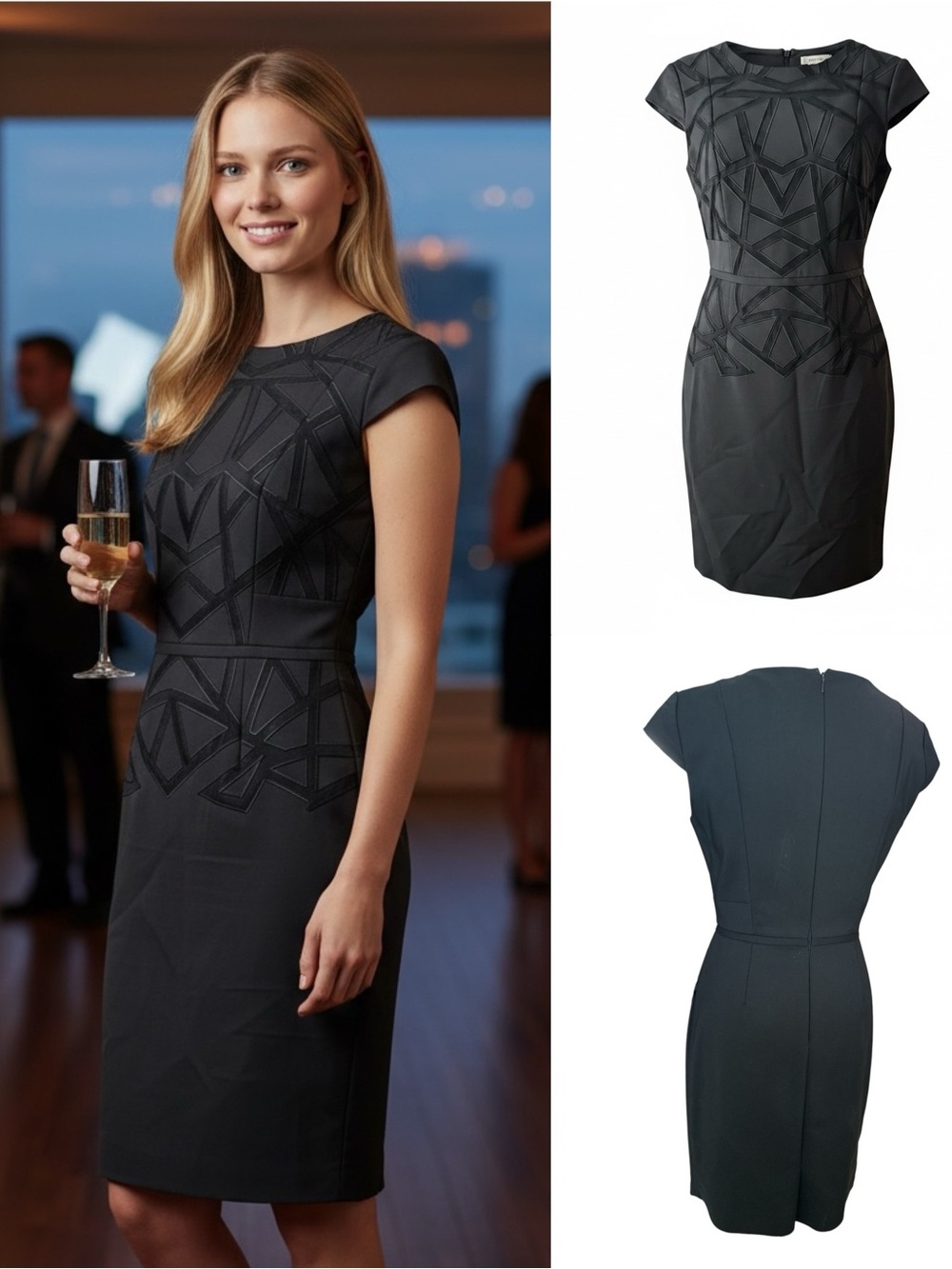 ANTONIO MELANI Black Geometric Panel Cap Sleeve Sheath Dress Size 4